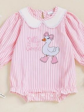 NWOT 6-12 MONTHS Pink Striped Baby Goose Romper with Peter Pan Collar